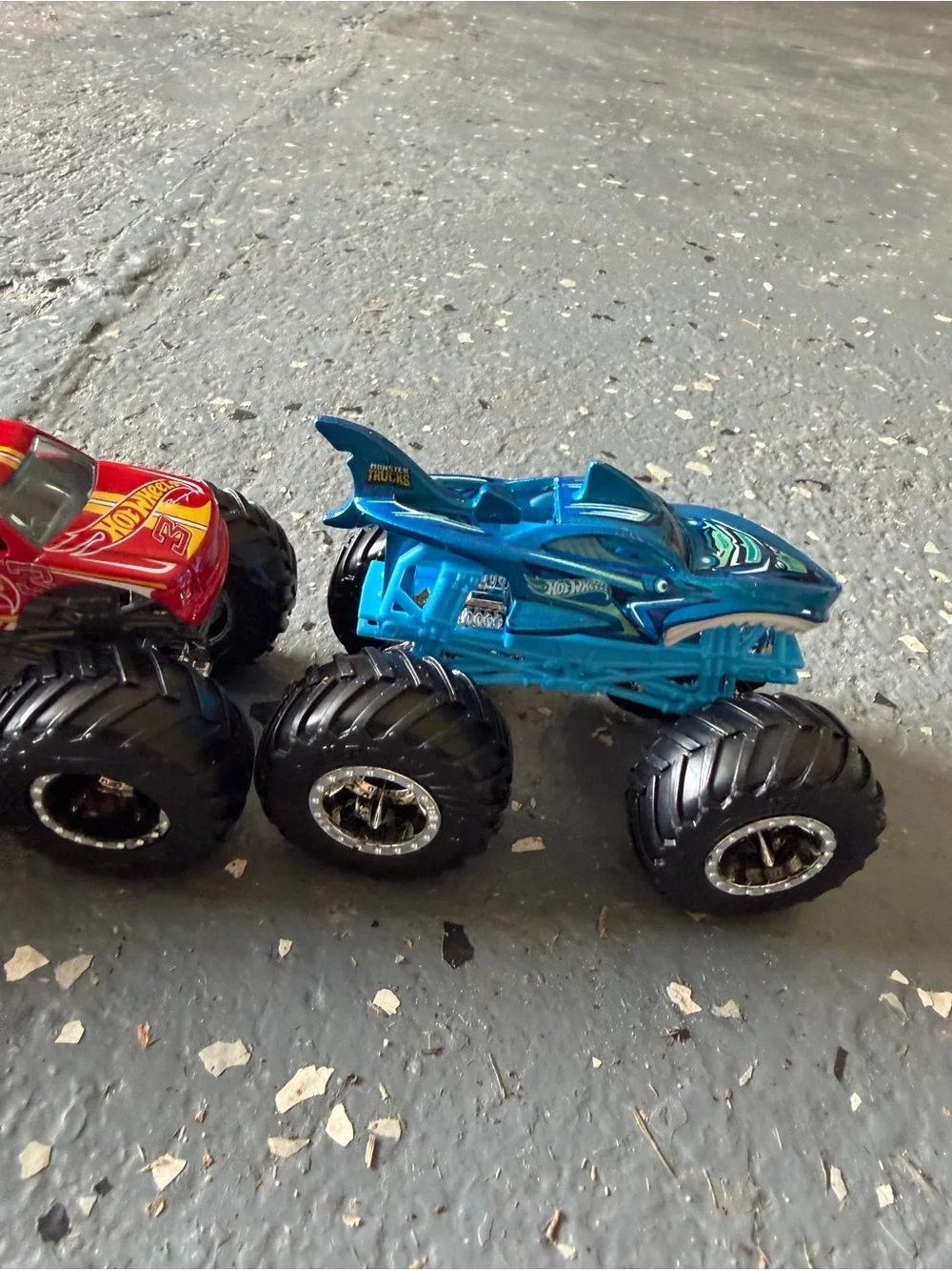 Hot Wheels Monster Trucks collection green Race Ace, Demo Derby and shark wreck